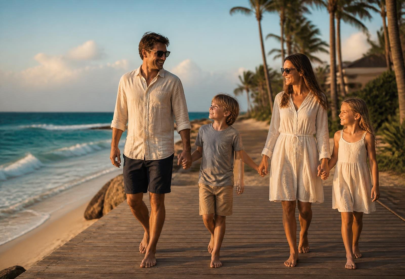 A family walking along a beach boardwalk at sunset